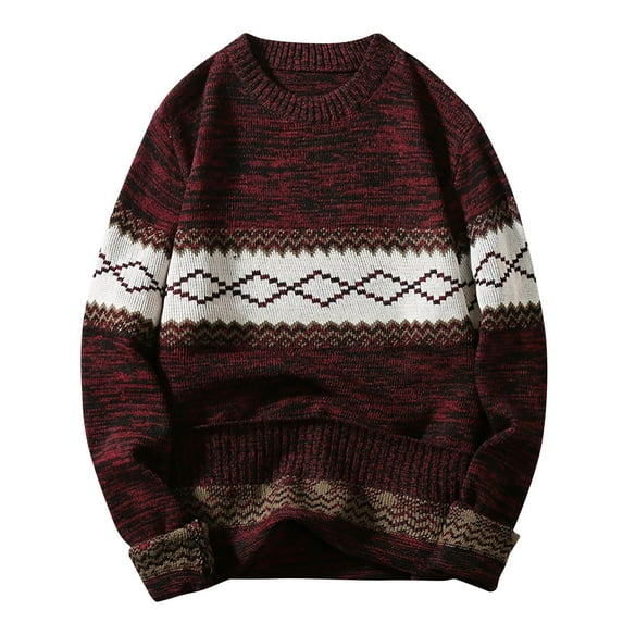 TFEOQRY Men's Striped Crewneck Sweater Knitted Vintage Loose Long Sleeve Pullover Fall Winter Warm Tops Burgundy