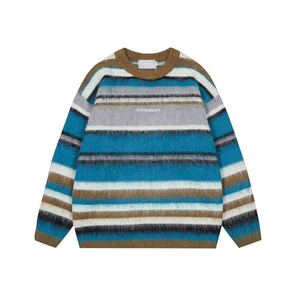 TFEOQRY Men's Striped Sweater Crewneck Long Sleeve Pullover Loose Vintage Knitted Tops Fall Winter Warm Casual Sweater Blue