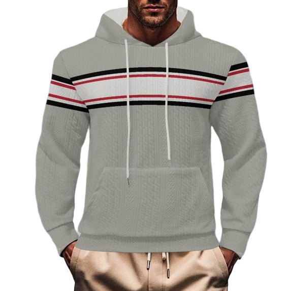 TFEOQRY Men's Striped Sweatshirt Color Block Hoodie Cable Knit Long Sleeve Pullover Casual Fall Winter Tops with Pocket Gray