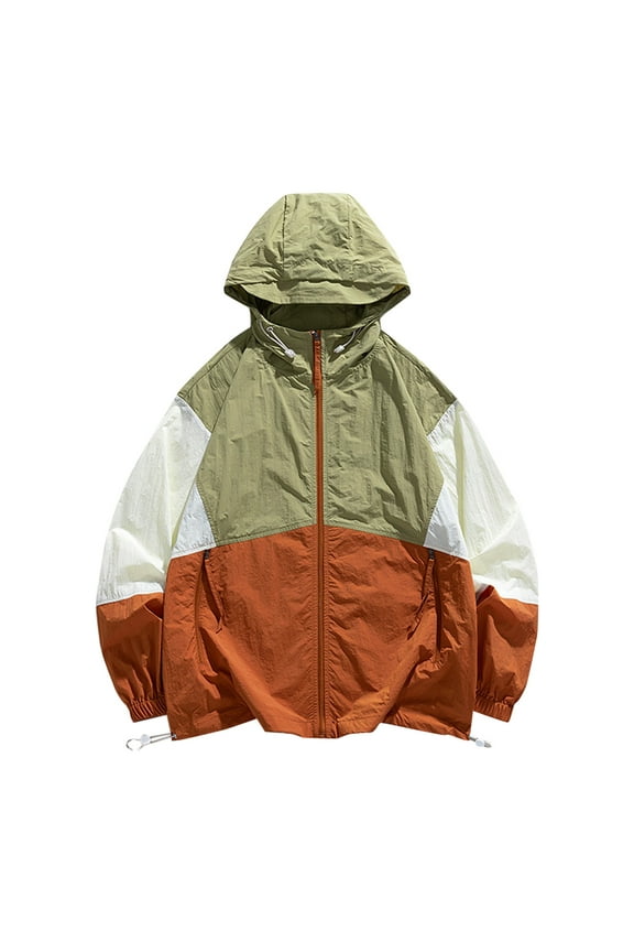 Men's Sun-Proof Clothing New Trendy Contrasting Loose Outdoor Jacket Long Sleeve Hooded Outwear Red