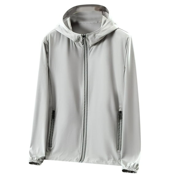 TFEOQRY Men's Sun Protection Jacket Lightweight Hooded Windbreaker Casual Zip Up Coat with Zipper Pockets Gray