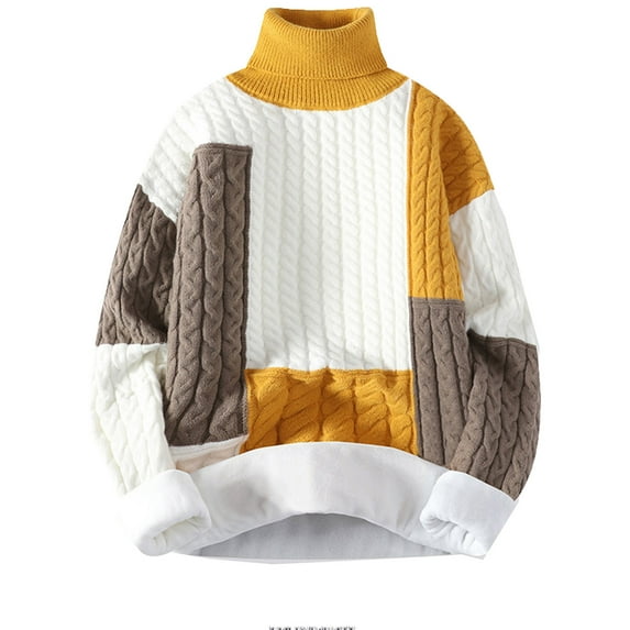 TFEOQRY Men's Turtleneck Patchwork Sweater Color Block Loose Long Sleeve Casual Pullover Fall Winter Warm Top Khaki