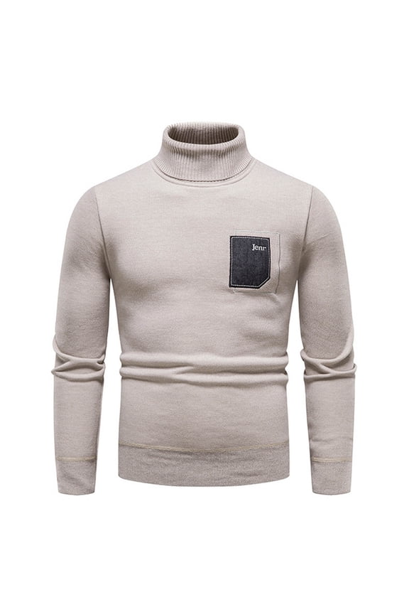 Pullover Sweater for Men Fashion Solid Color Slim Fit Thermal Knitwear Long Sleeved Turtleneck Sweater Top Beige