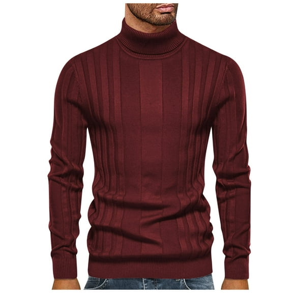 TFEOQRY Men's Turtleneck Sweater Ribbed Stripe Pattern Knitted Long Sleeve Pullover Casual Fall Winter Warm Top Red