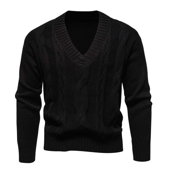 TFEOQRY Men's V Neck Cable Knit Sweater Ribbed Long Sleeve Textured Pattern Casual Pullover Fall Winter Top Black