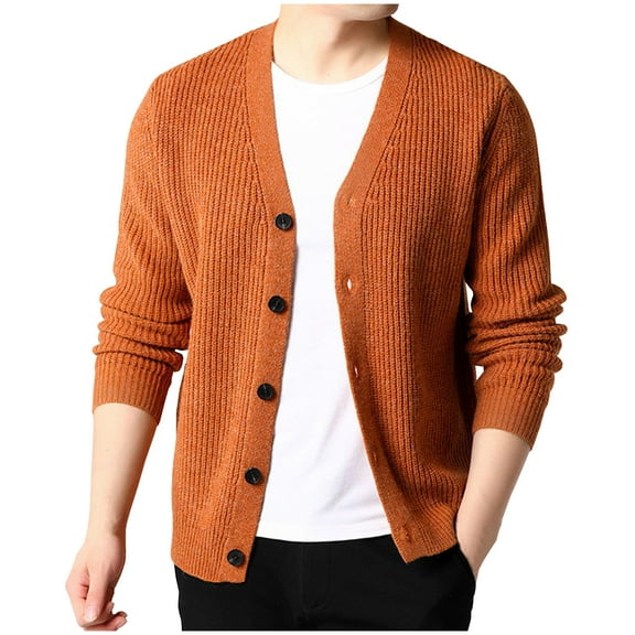 TFEOQRY Men's V Neck Cardigan Button Down Ribbed Knit Long Sleeve Solid Casual Outerwear Fall Winter Top Orange