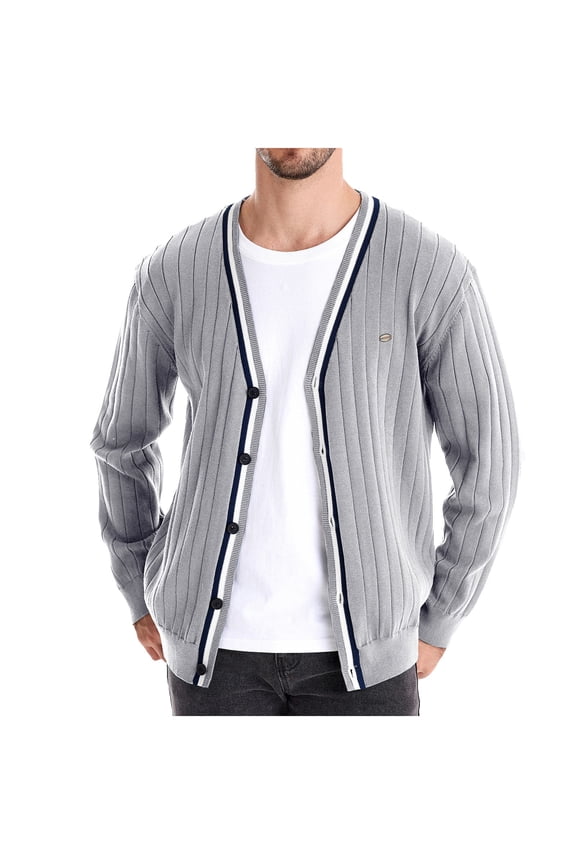 Men's V Neck Cardigan Sweater Ribbed Knit Pattern Striped Button Sweater Fall Winter Warm Tops Gray