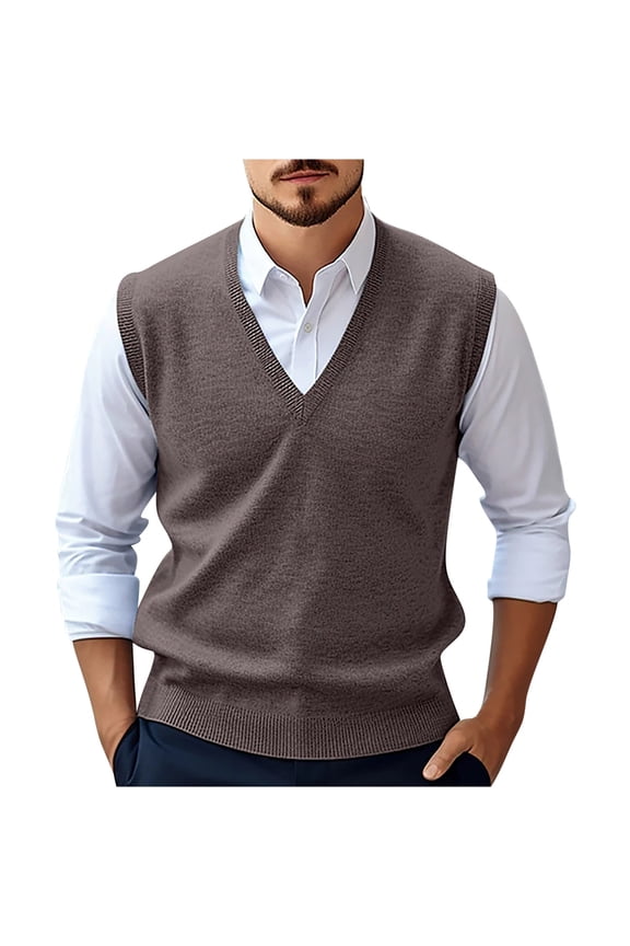 Men's V Neck Classic Sleeveless Sweater Vest Solid Knitted Pullover Fall Winter Warm Tops with Ribbing Edge Coffee