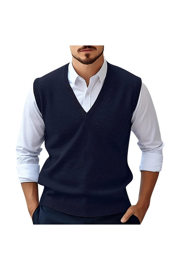 Men's V Neck Classic Sleeveless Sweater Vest Solid Knitted Pullover Fall Winter Warm Tops with Ribbing Edge Navy