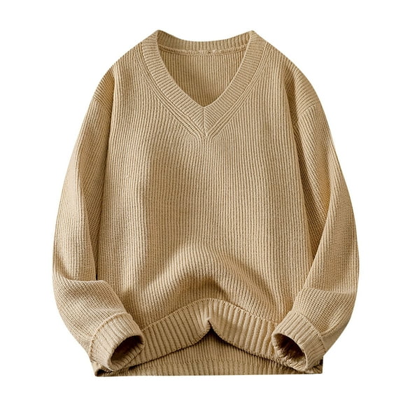 TFEOQRY Men's V Neck Solid Color Ribbed Knit Sweater Long Sleeve Loose Casual Pullover Fall Winter Warm Top Khaki