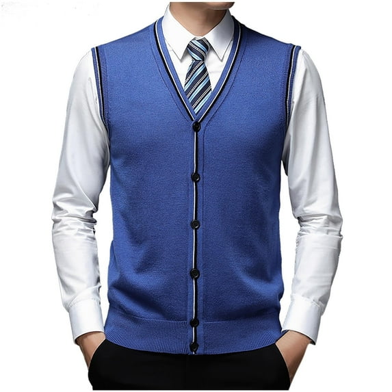TFEOQRY Men's V Neck Sweater Vest Button Knitted Sleeveless Solid Cardigan Fall Winter Warm Casual Business Tops Blue
