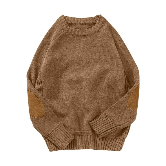 TFEOQRY Men's Vintage Crewneck Sweater Long Sleeve Elbow Patches Pullover Knitted Winter Loose Warm Tops Brown