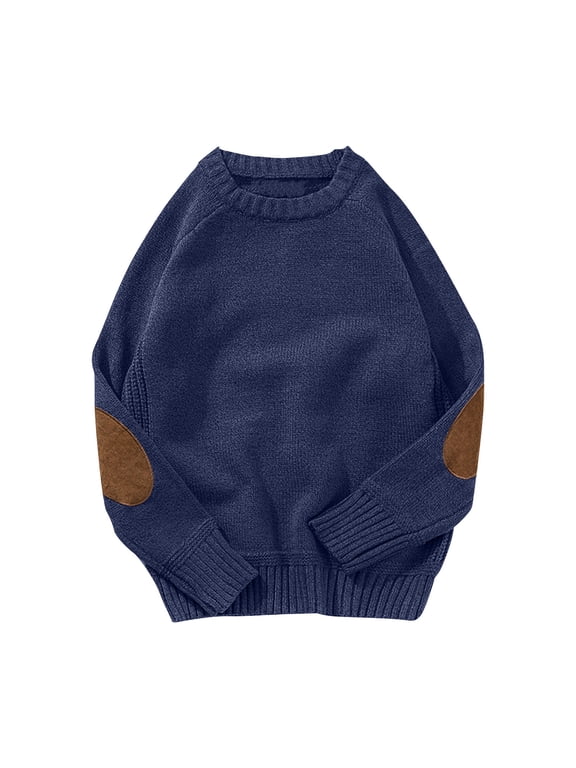 Men's Vintage Crewneck Sweater Long Sleeve Elbow Patches Pullover Knitted Winter Loose Warm Tops Dark Blue