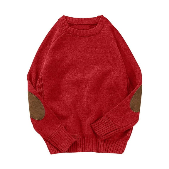 TFEOQRY Men's Vintage Crewneck Sweater Long Sleeve Elbow Patches Pullover Knitted Winter Loose Warm Tops Red