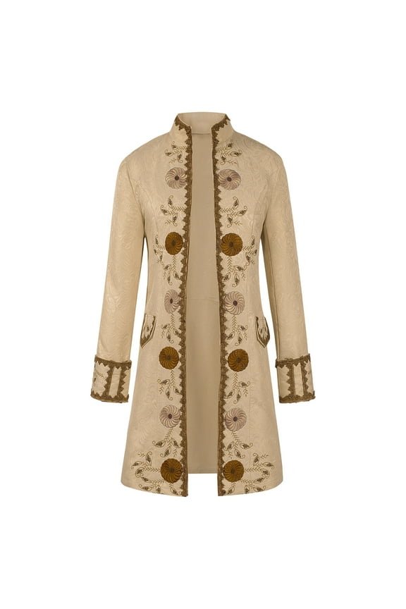 Men's Vintage Embroidered Trench Coat Floral Pattern Stand Collar Steampunk Party Outfit Beige