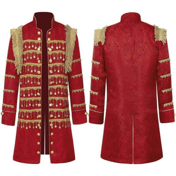 TFEOQRY Men's Vintage Royal Embroidered Tailcoat Jacket Stand Collar Long Coat Golden Tassel Party Red