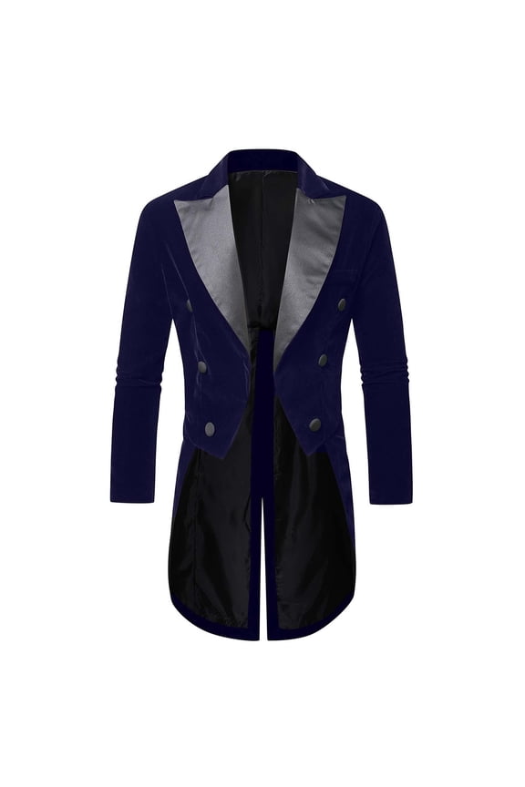 Men's Vintage Velvet Tailcoat Jacket Double Breasted Peak Lapel Long Coat Wedding Blue
