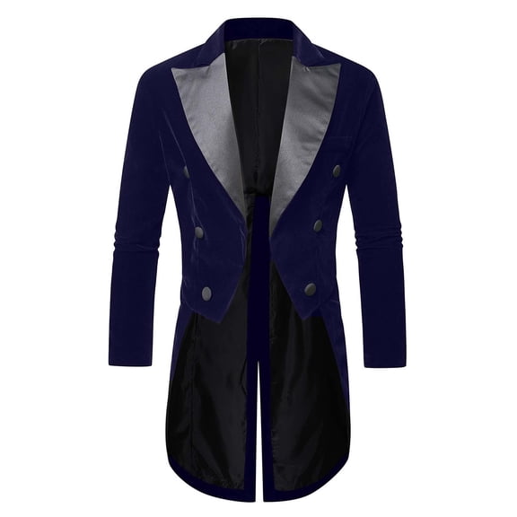 TFEOQRY Men's Vintage Velvet Tailcoat Jacket Double Breasted Peak Lapel Long Coat Wedding Blue