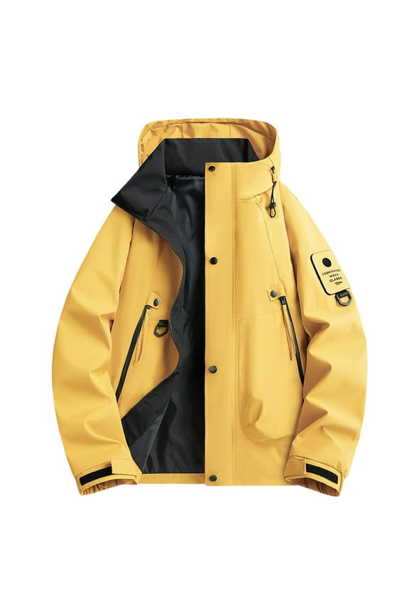 Men's Waterproof Windbreaker Softshell Jacket Hooded Zipper Pockets Coat Hiking Camping Outwear Yellow