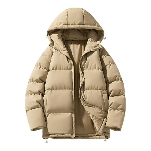 TFEOQRY Men's Winter Cotton Hooded Padded Coat Solid Color Zipper Long Sleeve Parkas Coat Khaki