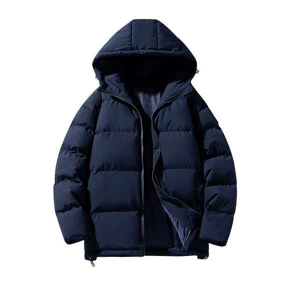TFEOQRY Men's Winter Cotton Hooded Padded Coat Solid Color Zipper Long Sleeve Parkas Coat Navy