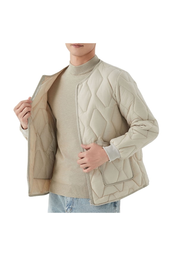 Men's Winter Short Padded Coats Jacket Solid Color Added Thickness Plush Warm Long Sleeved Loose Zipper Thread Collar Jackets Beige