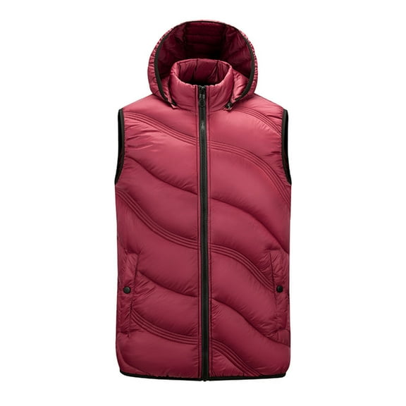TFEOQRY Men's Winter Thermal Vest Hooded Button Tank with Pockets Stand Collar Zipper Top Sleeveless Padded Jacket Burgundy