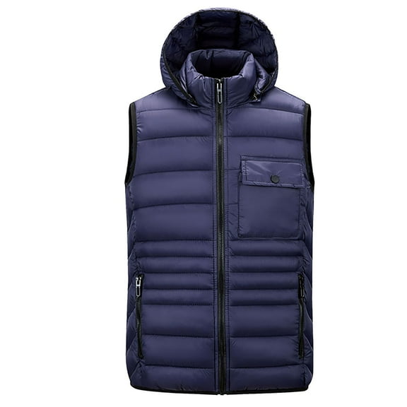 TFEOQRY Men's Winter Thermal Vest Hooded Button Tank with Pockets Stand Collar Zipper Top Sleeveless Padded Jacket Dark Blue