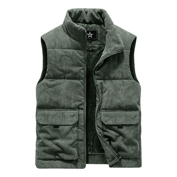TFEOQRY Mens Winter Corduroy Vest Casual Solid Stand Collar Zipper Pockets Thicken Outdoor Sports Jacket Olive Green