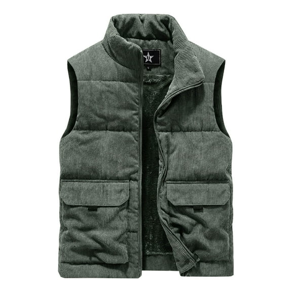 TFEOQRY Mens Winter Corduroy Vest Casual Solid Stand Collar Zipper Pockets Thicken Outdoor Sports Jacket Olive Green