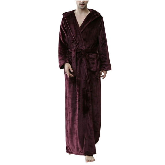 TFEOQRY Night Robe for Men Autumn and Winter Flannel Nightgown Long Sleeved Sleepwear Pajamas Robe Burgundy
