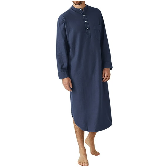 TFEOQRY Night Robe for Men Solid Color Muslim Nightgown Long Sleeved Sleepwear Pajamas Robe Navy