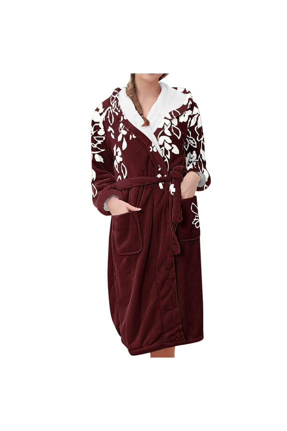 Night Robe for Women Comfortable Flannel Loungewear Nightgown Long Sleeved Sleepwear Pajamas Robe Red