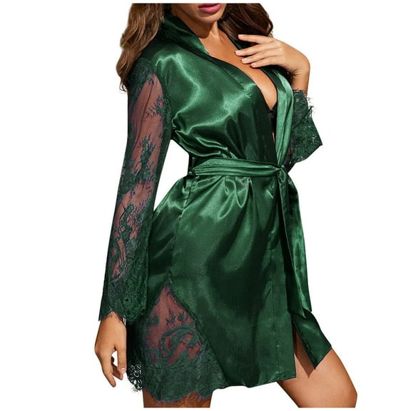 TFEOQRY Night Robe for Women Sexy Lace Tie Nightgown Long Sleeved Sleepwear Pajamas Robe Green