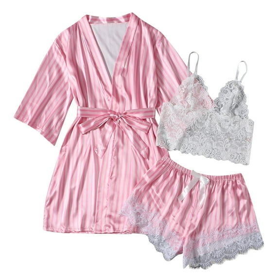 TFEOQRY Night Robe for Women Sexy Lace Tie Nightgown Three-Piece Set Long Sleeved Sleepwear Pajamas Robe Pink
