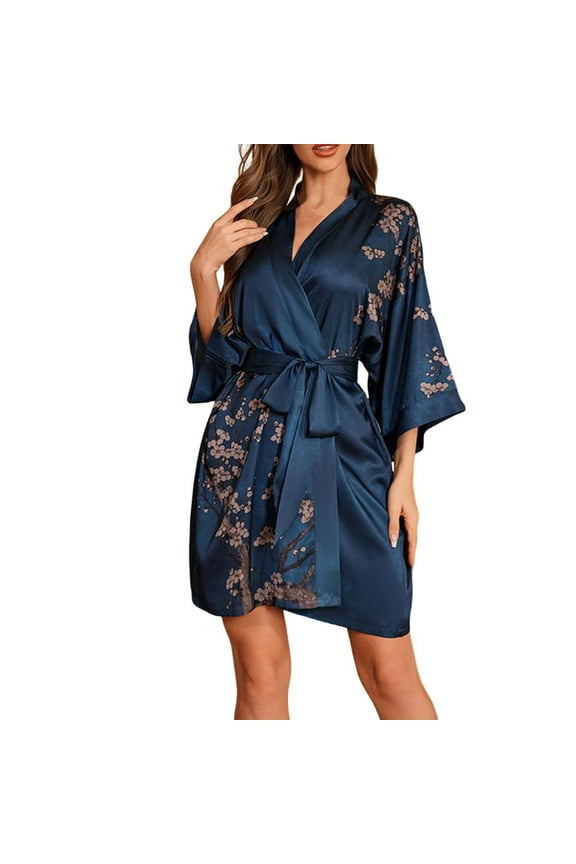 Night Robe for Women Solid Color Elegant Vintage Home Satin Nightgown Long Sleeved Sleepwear Pajamas Robe Navy