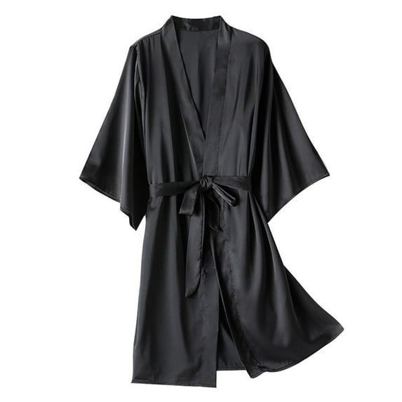 TFEOQRY Night Robe for Women Solid Color Loungewear Nightgown Two-Piece Set Long Sleeved Sleepwear Pajamas Robe Black