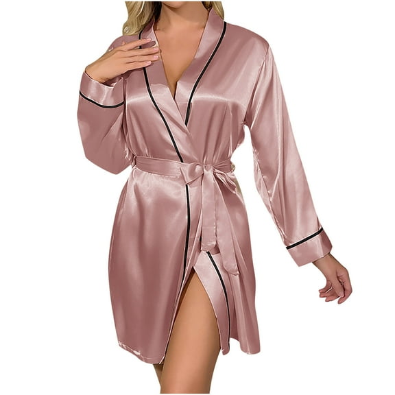 TFEOQRY Night Robe for Women Solid Color Sexy Tie Loungewear Nightgown Long Sleeved Sleepwear Pajamas Robe Pink