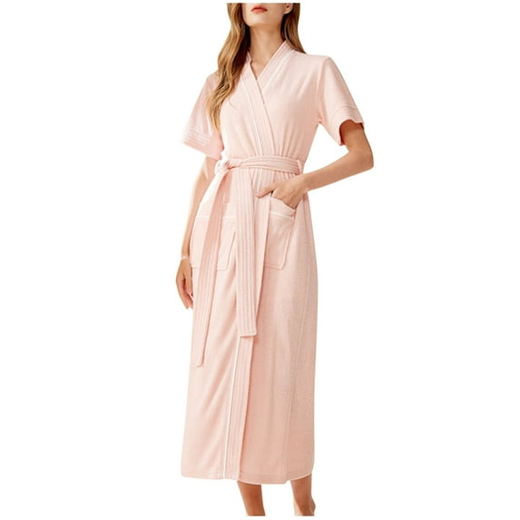 TFEOQRY Night Robe for Women Solid Color Tie Nightgown with Pocket V-Neck Short Sleeved Sleepwear Pajamas Robe Pink