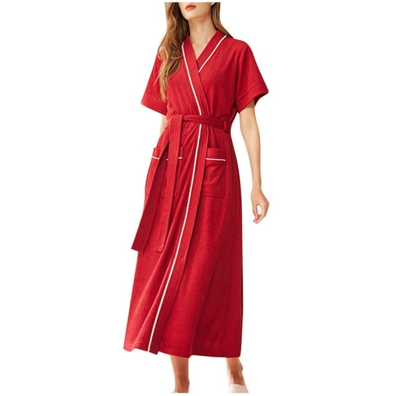 TFEOQRY Night Robe for Women Solid Color Tie Nightgown with Pocket V-Neck Short Sleeved Sleepwear Pajamas Robe Red