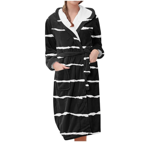 TFEOQRY Night Robe for Women Striped Flannel Hooded Nightgown Long Sleeved Sleepwear Pajamas Robe Black
