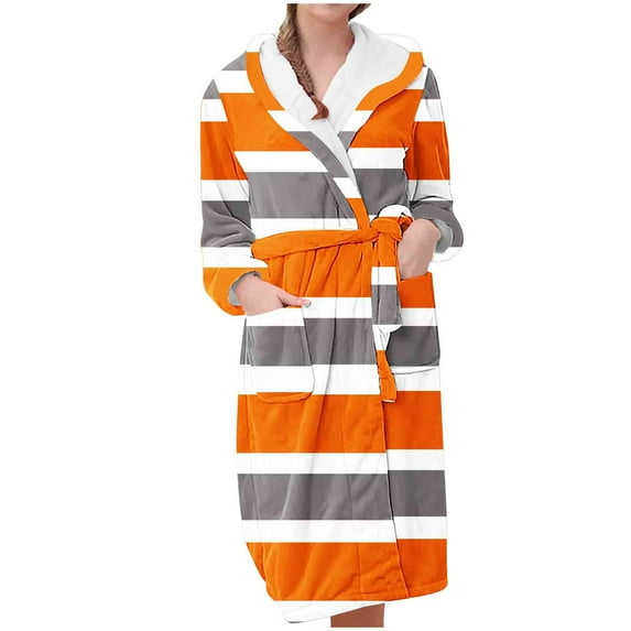 TFEOQRY Night Robe for Women Striped Flannel Loungewear Nightgown Long Sleeved Sleepwear Pajamas Robe Orange