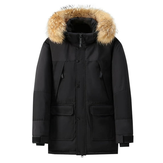 TFEOQRY Padded Coats Parkas for Men Solid Color Thermal Zipper Button Hooded Jacket Large-Pocket Stand-Up Collar Long Sleeve Parkas Black