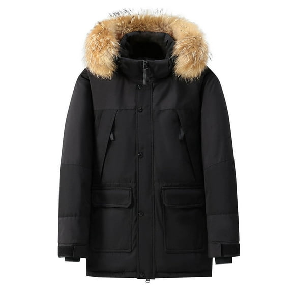 TFEOQRY Padded Coats Parkas for Men Solid Color Thermal Zipper Button Hooded Jacket Large-Pocket Stand-Up Collar Long Sleeve Parkas Black