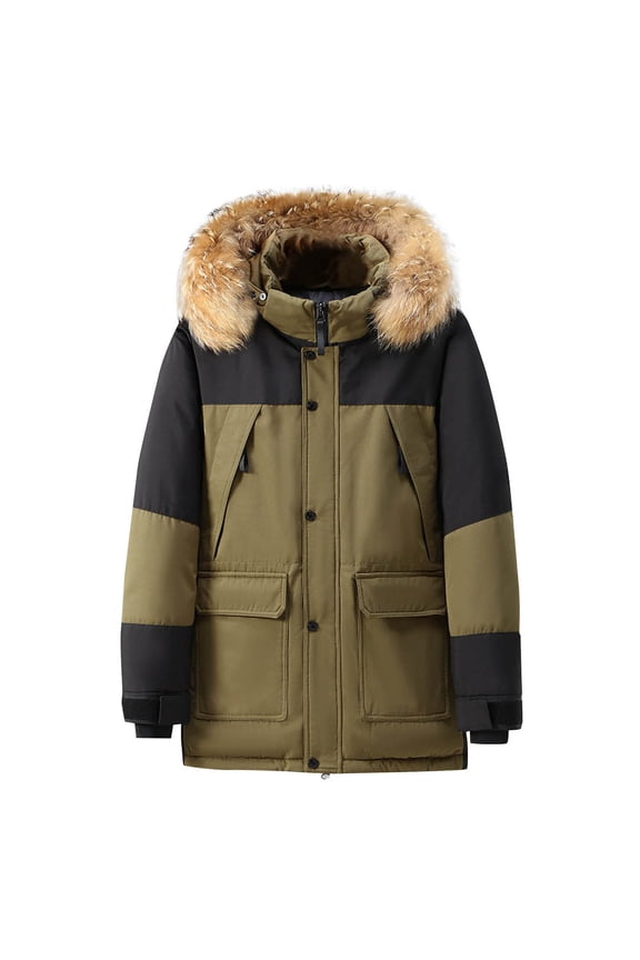 Padded Coats Parkas for Men Solid Color Thermal Zipper Button Hooded Jacket Large-Pocket Stand-Up Collar Long Sleeve Parkas Green