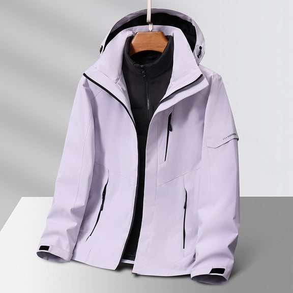 TFEOQRY Parkas for Men Solid Color Outdoor Windproof Zipper Wear-Resistant Thermal Jacket with Pockets Long Sleeved Stand Up Collar Hooded Outerwear Purple