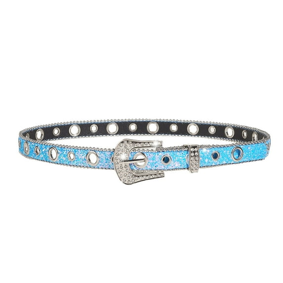 TFEOQRY Pu Belts for Women Elegant Leather Rhinestone Sequin Adjustable Tight Waistband Light Blue