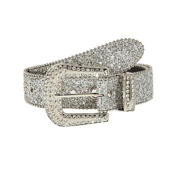 TFEOQRY Pu Belts for Women Elegant Leather Rhinestone Sequin Adjustable Tight Waistband White