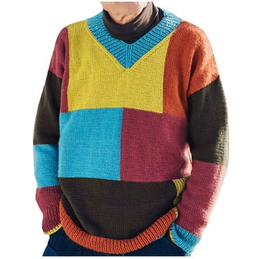 TFEOQRY Pullover Sweater for Men Block Color Blocked Knitwear Long Sleeved Round Neck Sweater Top Red