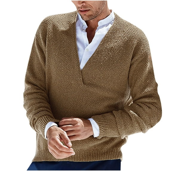 TFEOQRY Men's V Neck Sweater Textured Knitted Long Sleeve Solid Pullover Casual Fall Winter Warm Thermal Tops Brown